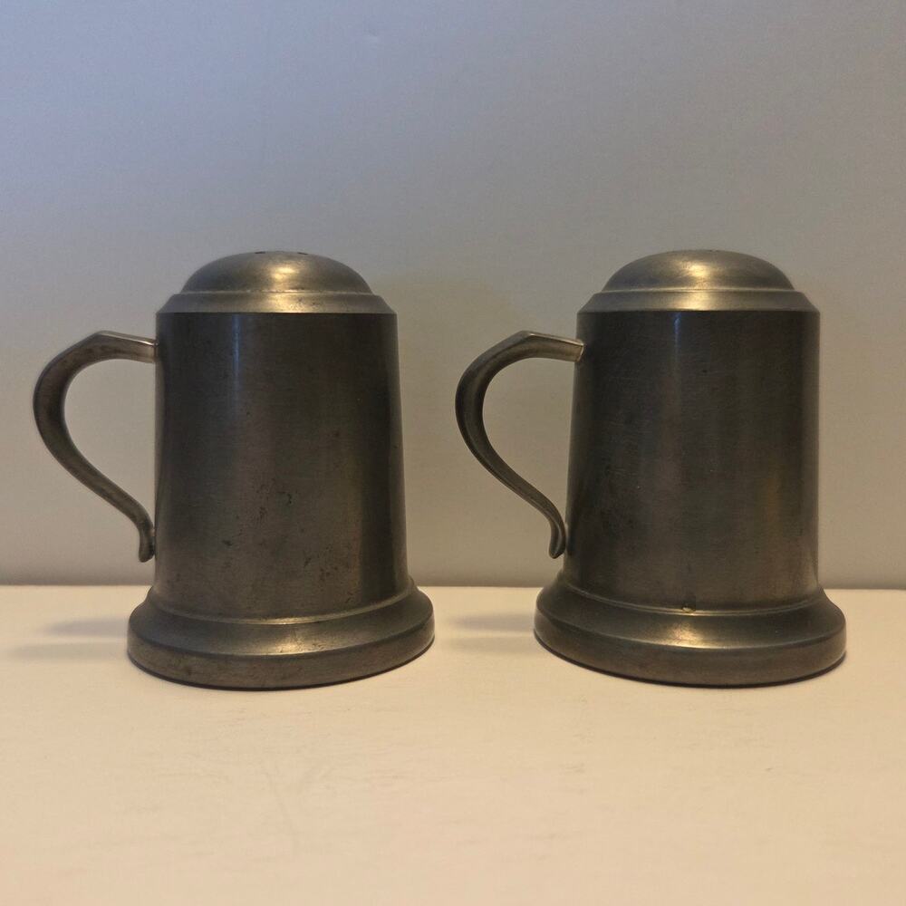 Vintage Web Pewter Salt & Pepper Shakers With Handle Tankard Style